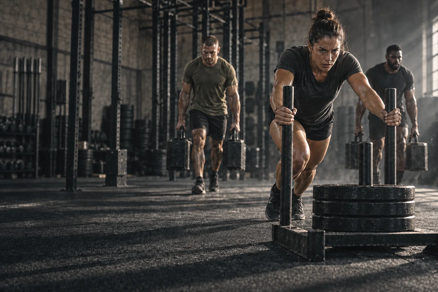 A woman drives a weighted sled while two men perform loaded carries in a strength gym.